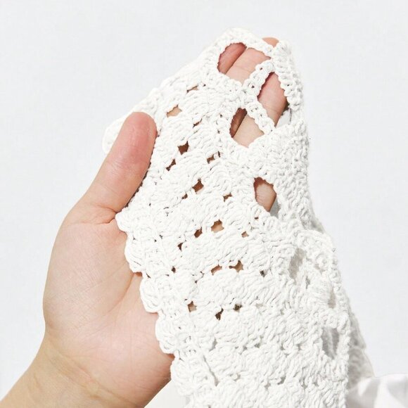 White Casual Women's Apricot Hollow Hook Flower Splicing Ruffles Tops - Picture 7 of 7